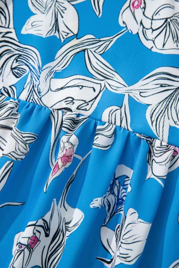 Women Blouses | Sky Blue Vintage Floral Print V-Neck Bubble Sleeve Blouse - Image 3