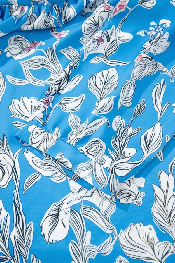 Women Blouses | Sky Blue Vintage Floral Print V-Neck Bubble Sleeve Blouse - Image 4