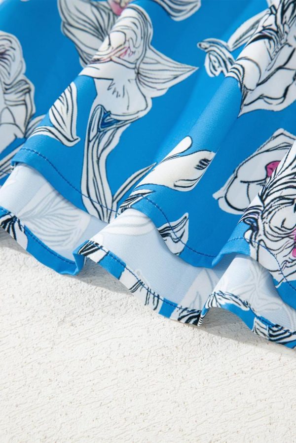 Women Blouses | Sky Blue Vintage Floral Print V-Neck Bubble Sleeve Blouse - Image 5