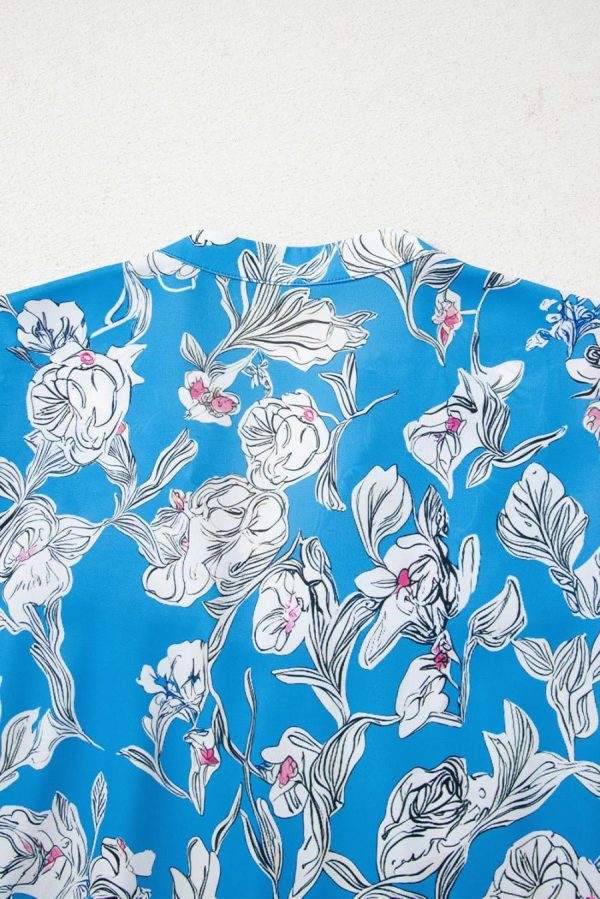 Women Blouses | Sky Blue Vintage Floral Print V-Neck Bubble Sleeve Blouse - Image 7
