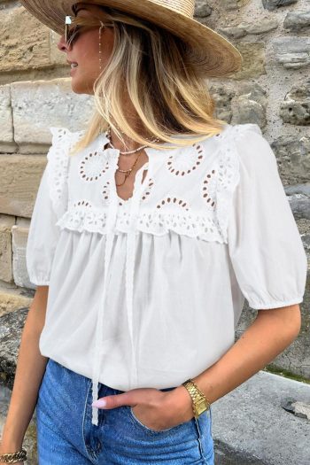 Women Blouses | White Embroidered Lace Patchwork Tie Neck Half Sleeve Blouse