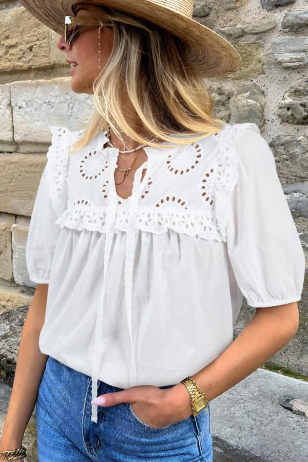 Women Blouses | White Embroidered Lace Patchwork Tie Neck Half Sleeve Blouse