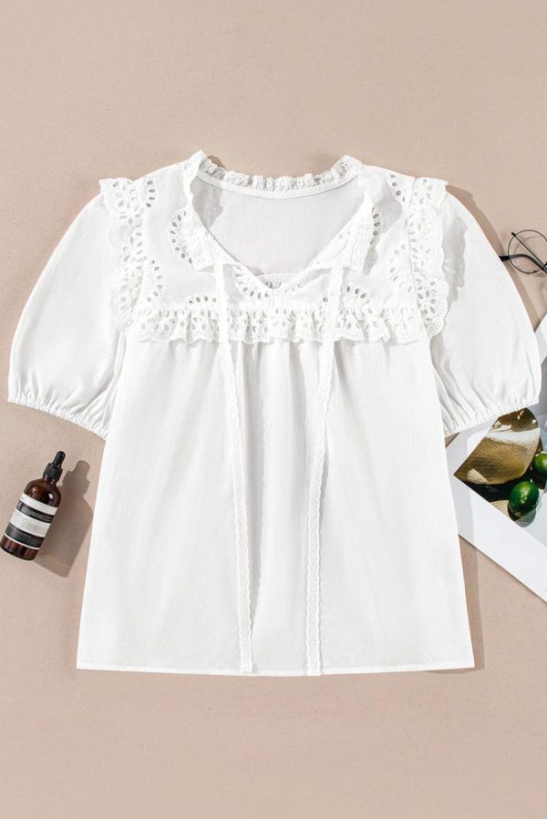 Women Blouses | White Embroidered Lace Patchwork Tie Neck Half Sleeve Blouse - Image 2