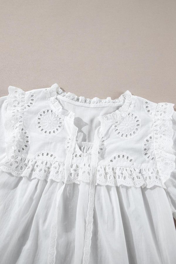 Women Blouses | White Embroidered Lace Patchwork Tie Neck Half Sleeve Blouse - Image 4