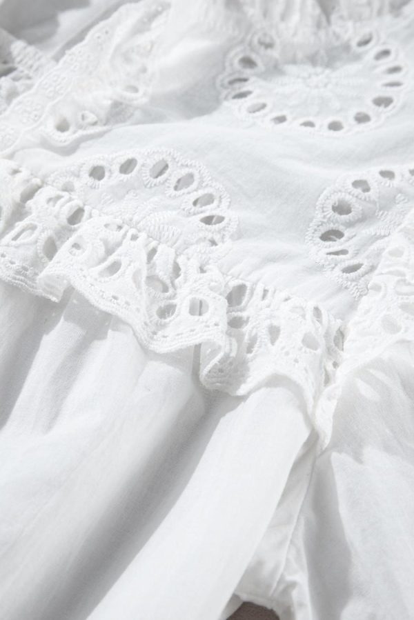 Women Blouses | White Embroidered Lace Patchwork Tie Neck Half Sleeve Blouse - Image 5