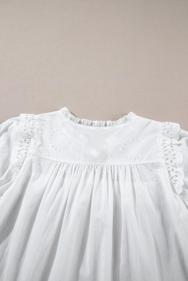 Women Blouses | White Embroidered Lace Patchwork Tie Neck Half Sleeve Blouse - Image 7