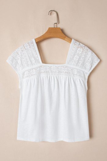 Women Blouses | White Hollowed Lace Patchwork Square Neck Short Sleeve Blouse
