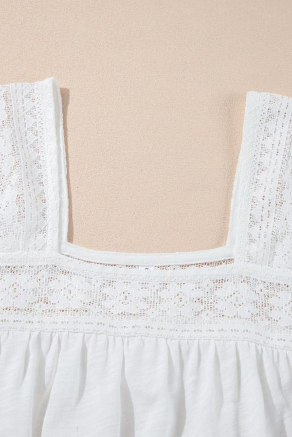 Women Blouses | White Hollowed Lace Patchwork Square Neck Short Sleeve Blouse - Image 2