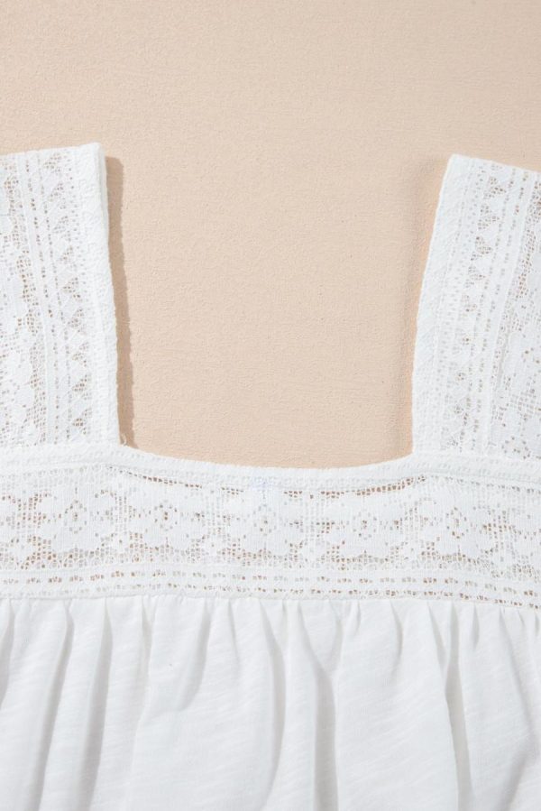 Women Blouses | White Hollowed Lace Patchwork Square Neck Short Sleeve Blouse - Image 3