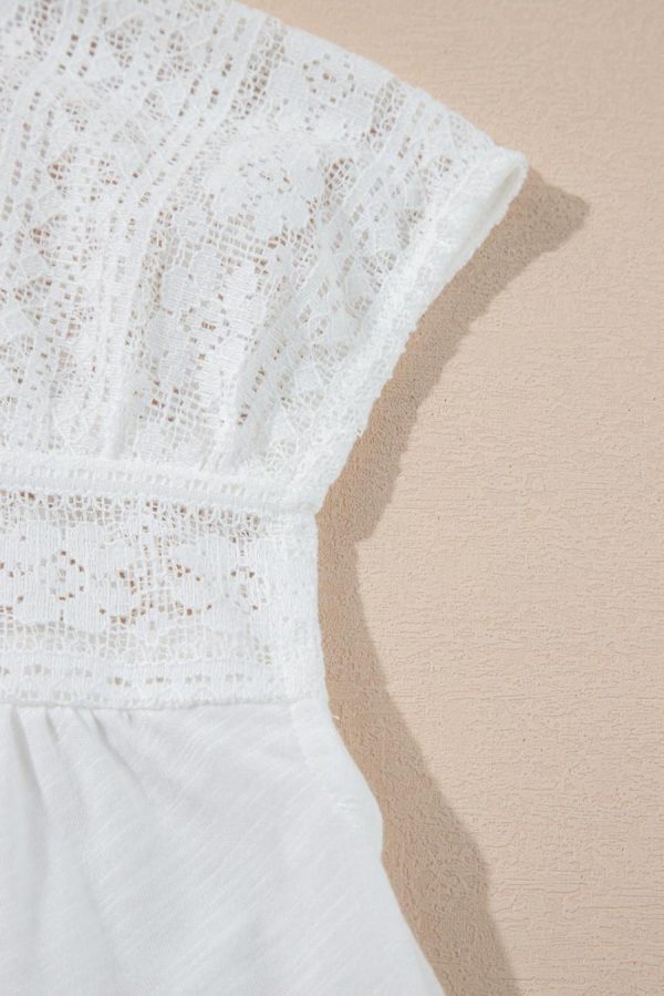 Women Blouses | White Hollowed Lace Patchwork Square Neck Short Sleeve Blouse - Image 4