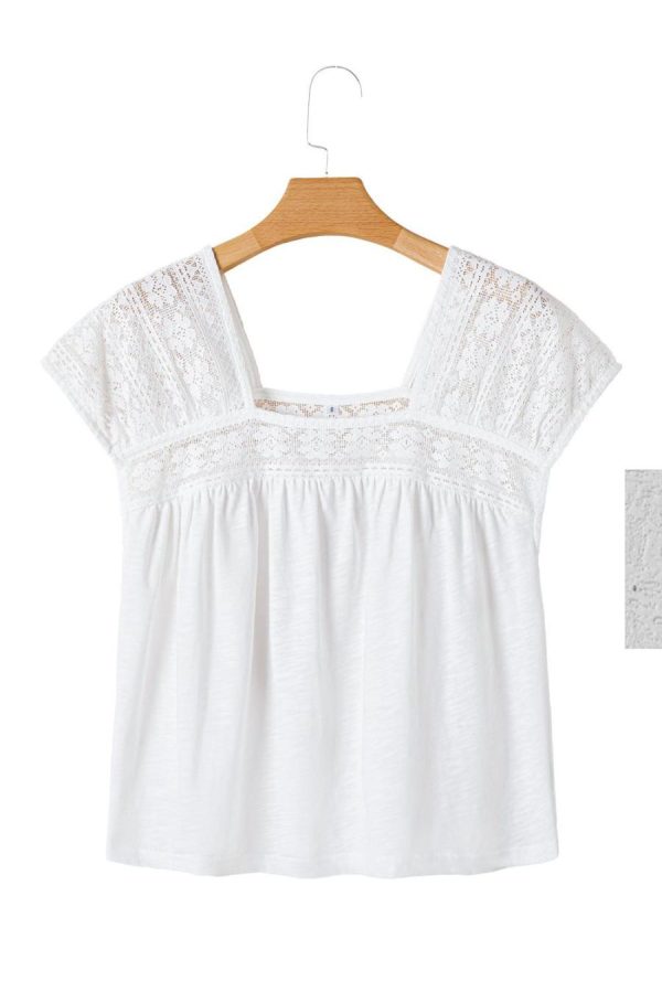 Women Blouses | White Hollowed Lace Patchwork Square Neck Short Sleeve Blouse - Image 7