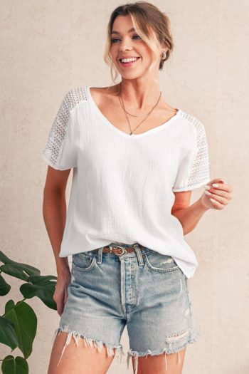 Women Blouses | White Lace Crochet Button Back V Neck Blouse