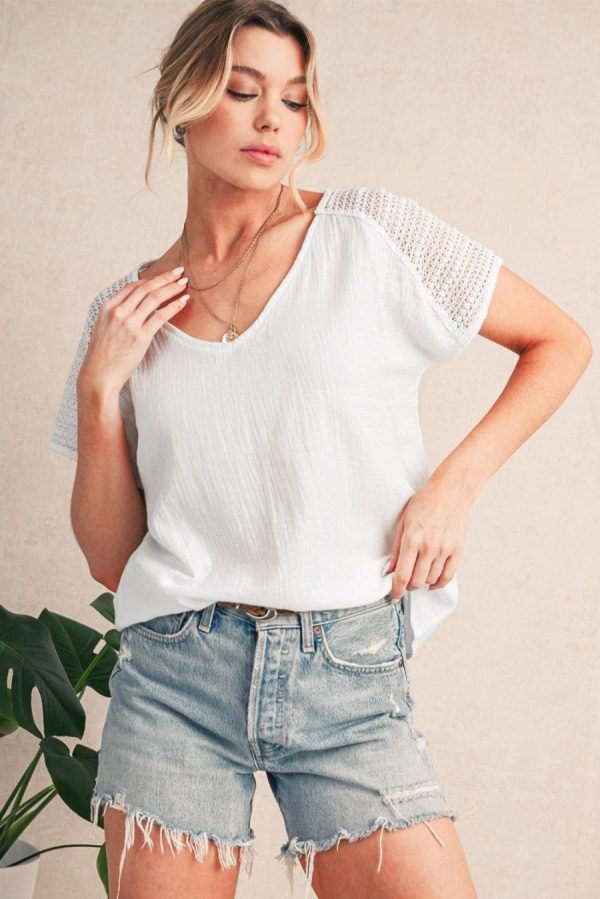 Women Blouses | White Lace Crochet Button Back V Neck Blouse - Image 4