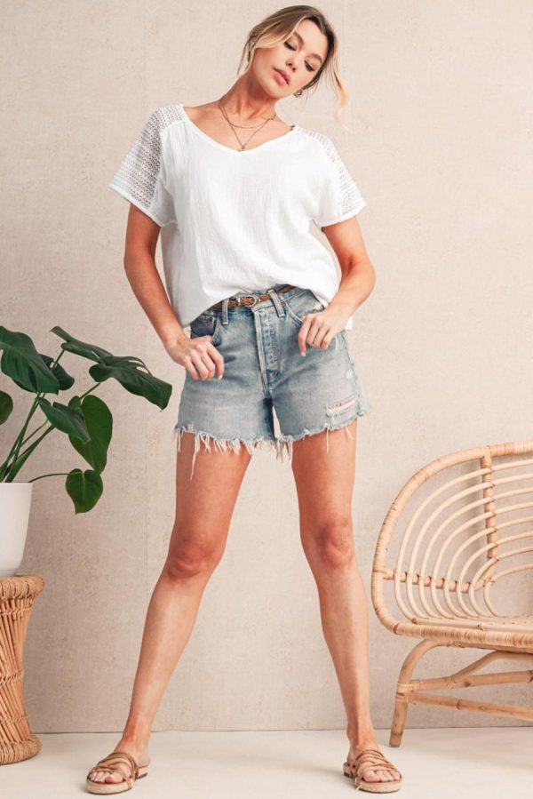 Women Blouses | White Lace Crochet Button Back V Neck Blouse - Image 5