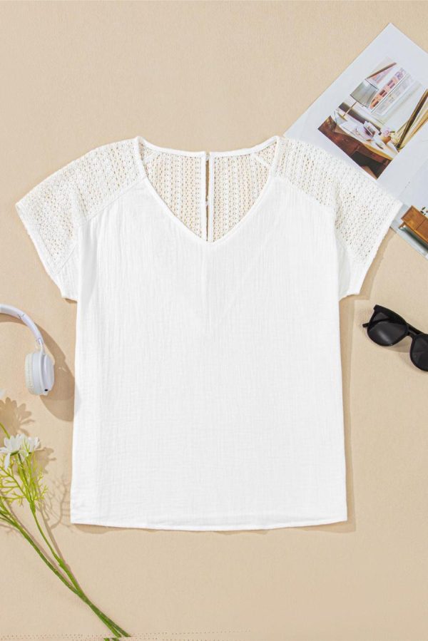 Women Blouses | White Lace Crochet Button Back V Neck Blouse - Image 6