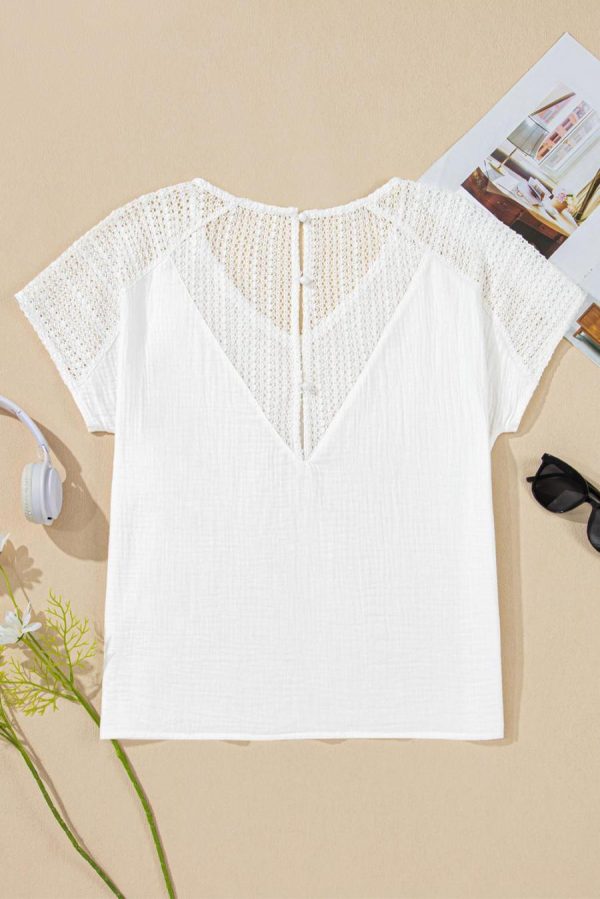Women Blouses | White Lace Crochet Button Back V Neck Blouse - Image 7