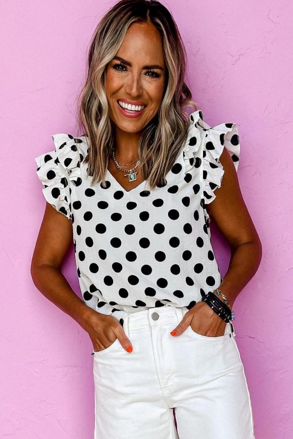 Women Blouses | White Polka Dot Print V Neck Ruffle Blouse - Image 3
