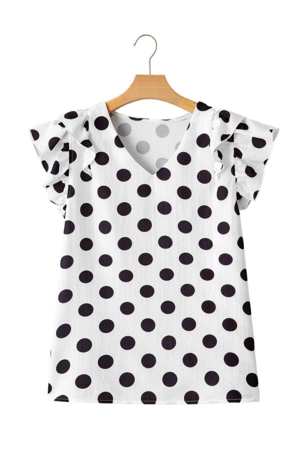 Women Blouses | White Polka Dot Print V Neck Ruffle Blouse - Image 5