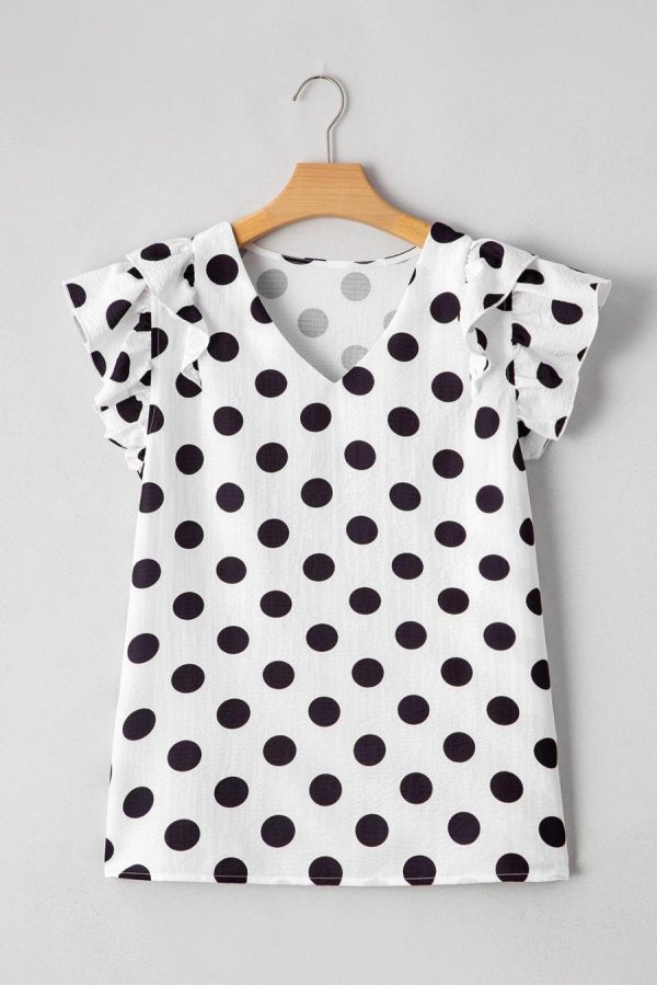 Women Blouses | White Polka Dot Print V Neck Ruffle Blouse - Image 6