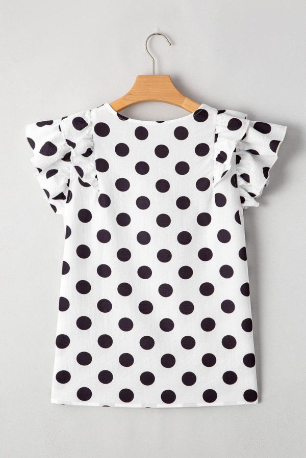 Women Blouses | White Polka Dot Print V Neck Ruffle Blouse - Image 7