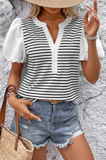 Women Blouses | White Striped Button V Neck Bubble Sleeve Blouse