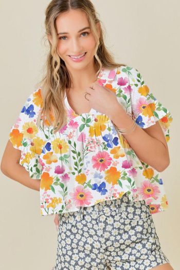 Women Blouses | Yellow Allover Floral Print Boxy Fit V Neck Blouse