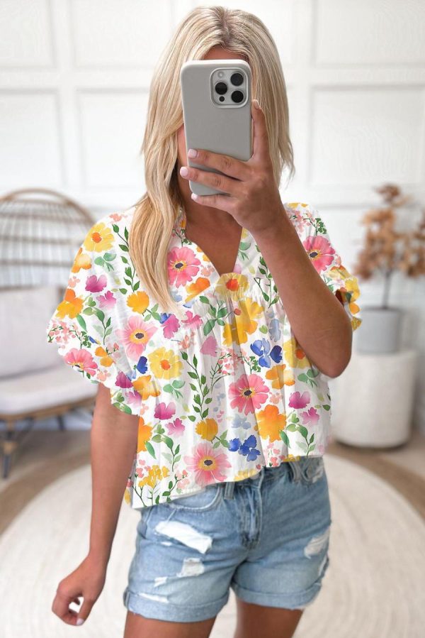 Women Blouses | Yellow Allover Floral Print Boxy Fit V Neck Blouse - Image 2