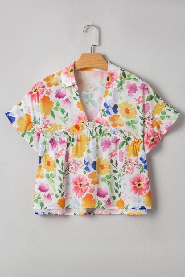 Women Blouses | Yellow Allover Floral Print Boxy Fit V Neck Blouse - Image 3