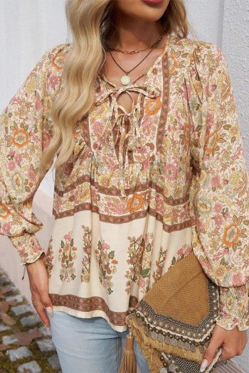 Women Blouses | Yellow Floral Print Tie Neck Lantern Sleeve Blouse