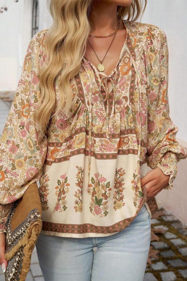 Women Blouses | Yellow Floral Print Tie Neck Lantern Sleeve Blouse - Image 2