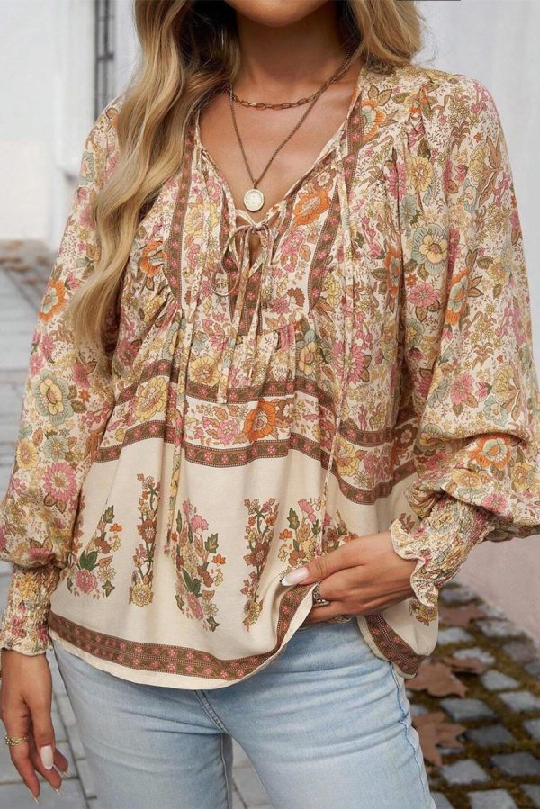 Women Blouses | Yellow Floral Print Tie Neck Lantern Sleeve Blouse - Image 3