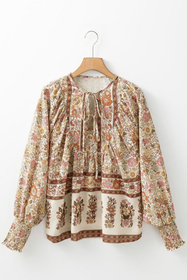 Women Blouses | Yellow Floral Print Tie Neck Lantern Sleeve Blouse - Image 4