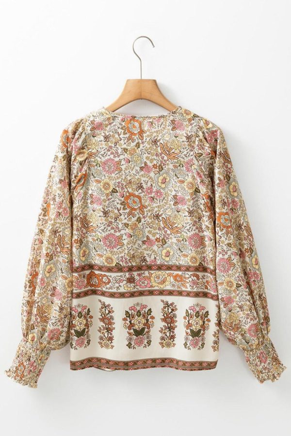 Women Blouses | Yellow Floral Print Tie Neck Lantern Sleeve Blouse - Image 5