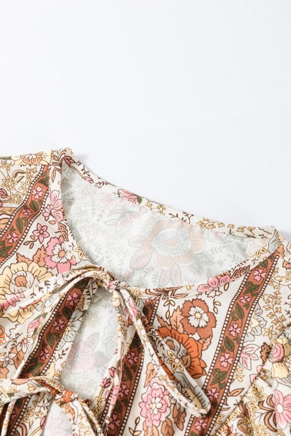 Women Blouses | Yellow Floral Print Tie Neck Lantern Sleeve Blouse - Image 6