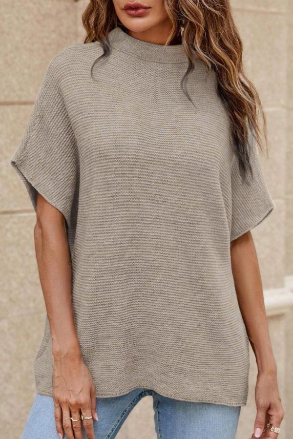 Women Knit Tops | Apricot Mock Neck Short Batwing Sleeve Sweater - Image 3