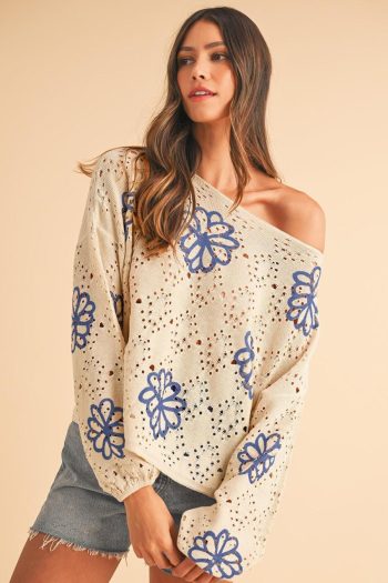 Women Knit Tops | Beige Flower Print Drop Shoulder Hollow Knit Sweater