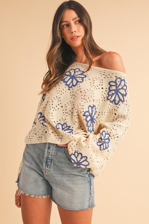 Women Knit Tops | Beige Flower Print Drop Shoulder Hollow Knit Sweater - Image 2