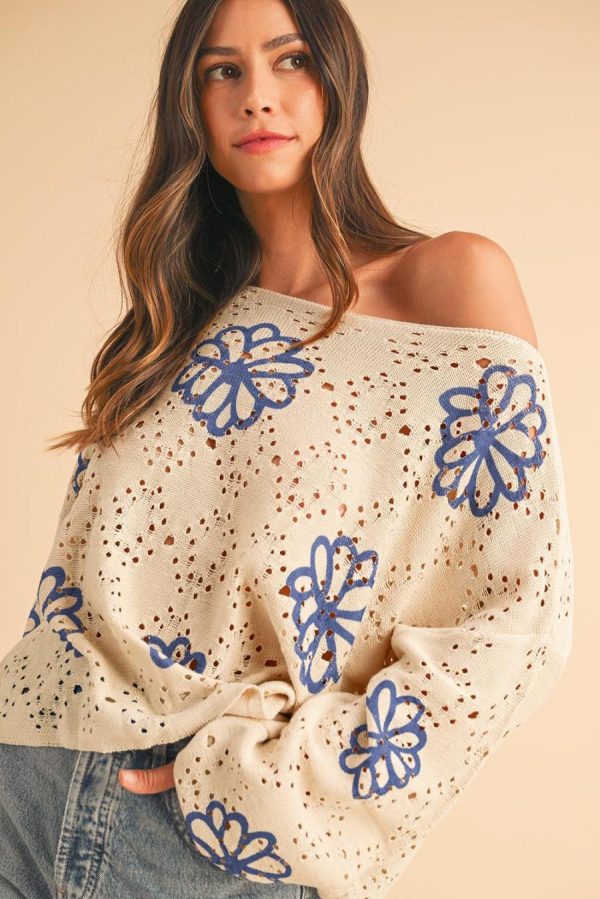 Women Knit Tops | Beige Flower Print Drop Shoulder Hollow Knit Sweater - Image 3
