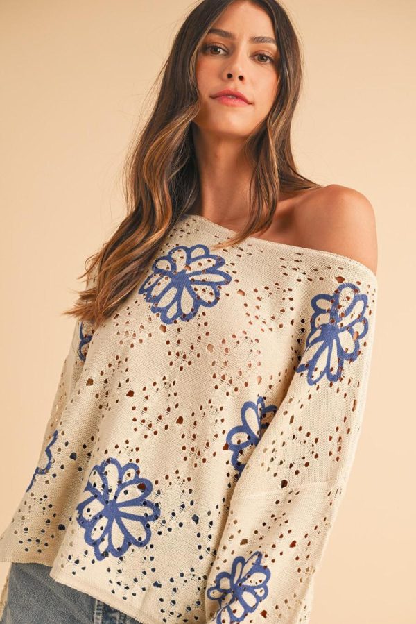 Women Knit Tops | Beige Flower Print Drop Shoulder Hollow Knit Sweater - Image 4