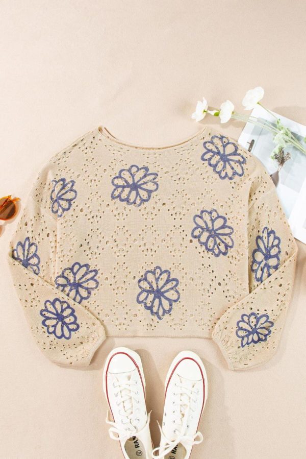 Women Knit Tops | Beige Flower Print Drop Shoulder Hollow Knit Sweater - Image 6