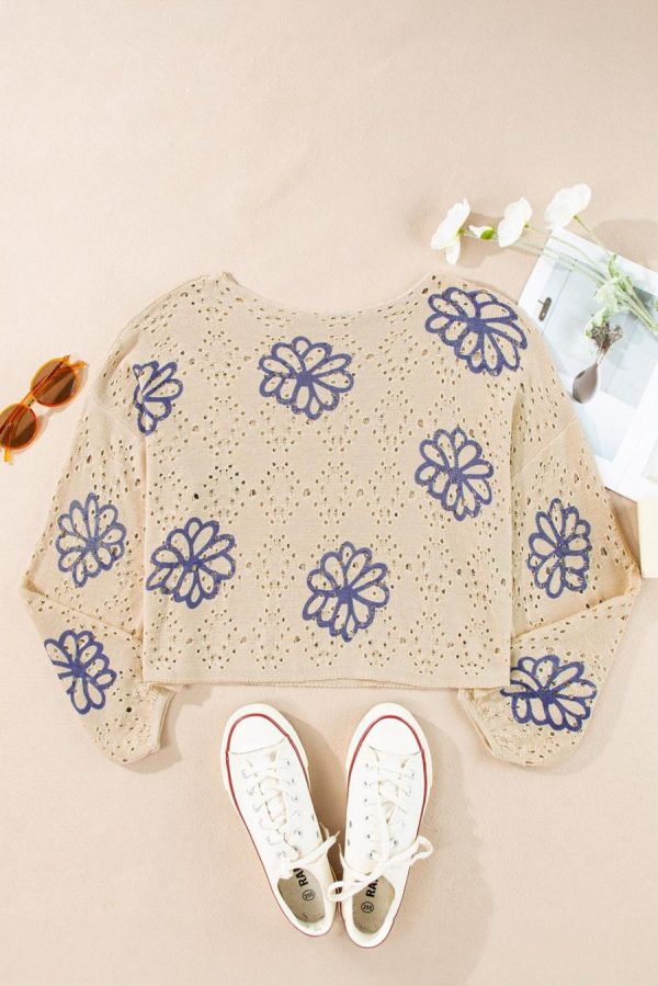 Women Knit Tops | Beige Flower Print Drop Shoulder Hollow Knit Sweater - Image 7