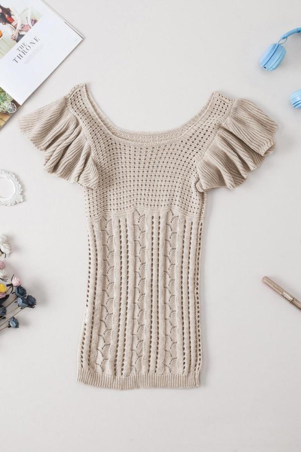 Women Knit Tops | Beige Flutter Sleeve Hollowed Pointelle Knit Top - Image 5