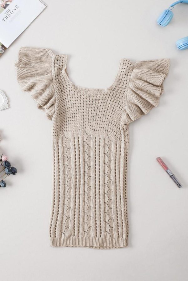 Women Knit Tops | Beige Flutter Sleeve Hollowed Pointelle Knit Top - Image 6