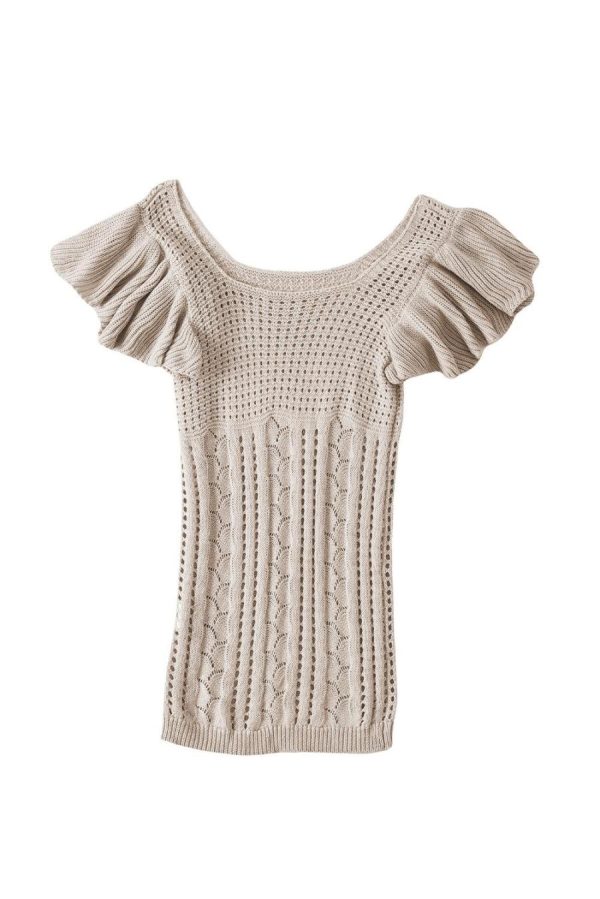 Women Knit Tops | Beige Flutter Sleeve Hollowed Pointelle Knit Top - Image 7