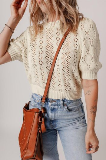 Women Knit Tops | Beige Hollowed Knit Plain Puff Sleeve Top