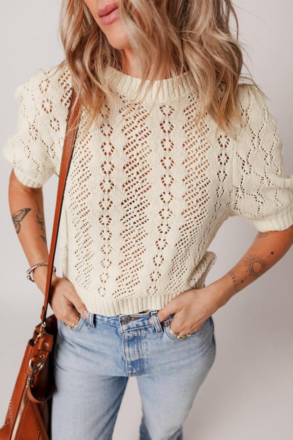 Women Knit Tops | Beige Hollowed Knit Plain Puff Sleeve Top - Image 3