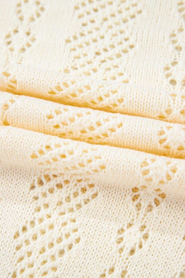 Women Knit Tops | Beige Hollowed Knit Plain Puff Sleeve Top - Image 4