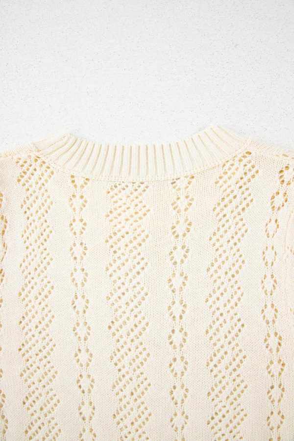 Women Knit Tops | Beige Hollowed Knit Plain Puff Sleeve Top - Image 5