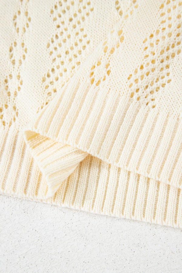 Women Knit Tops | Beige Hollowed Knit Plain Puff Sleeve Top - Image 6