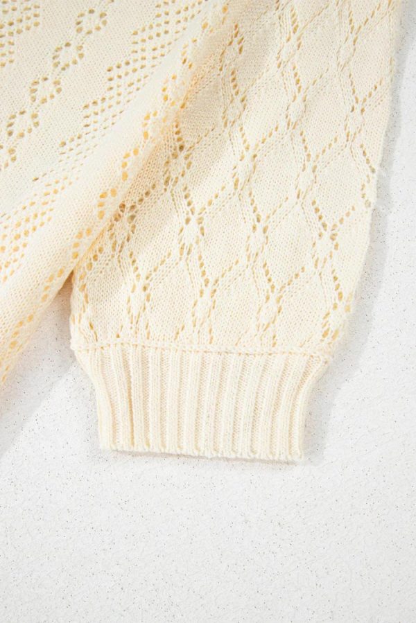 Women Knit Tops | Beige Hollowed Knit Plain Puff Sleeve Top - Image 7